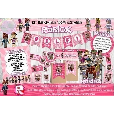 Kit Imprimible Roblox Niña Rosa Cotillón Cumpleaños Editable