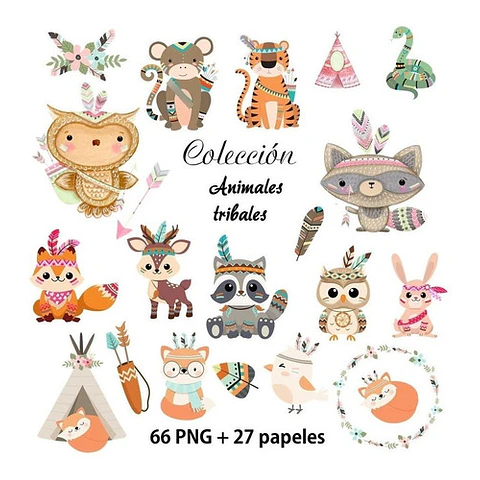 Kit Colección Cliparts+papeles Animales Tribales Nórdicos