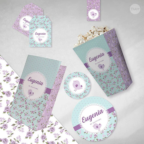 Kit Imprimible Pajarito Y Flores Violeta Lila - Candy Bar