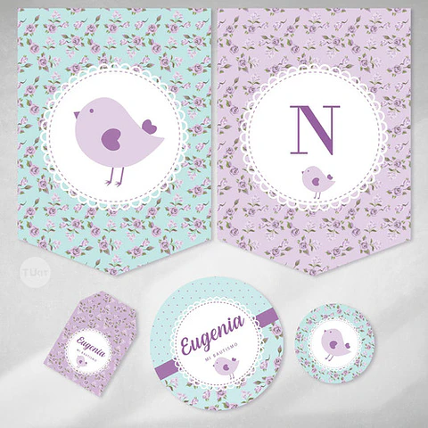 Kit Imprimible Pajarito Y Flores Violeta Lila - Candy Bar