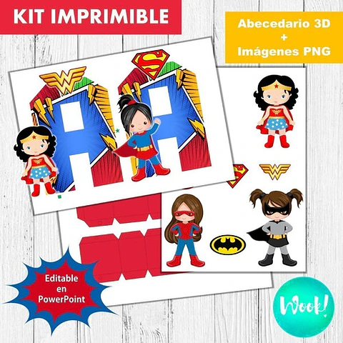 Kit Imprimible Letras 3d Superhéroes Nenas Editable Y 