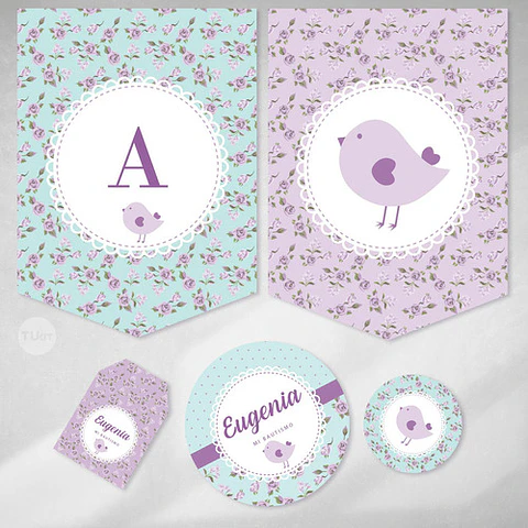 Kit Imprimible Pajarito Y Flores Violeta Lila - Candy Bar