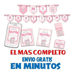 Kit Imprimible Candy Bar Bautismo Elefante Rosa Mas Completo