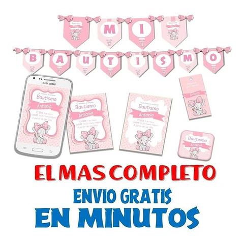 Kit Imprimible Candy Bar Bautismo Elefante Rosa Mas Completo