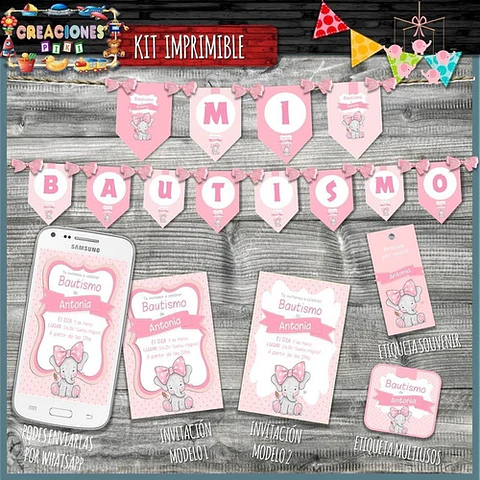 Kit Imprimible Candy Bar Bautismo Elefante Rosa Mas Completo