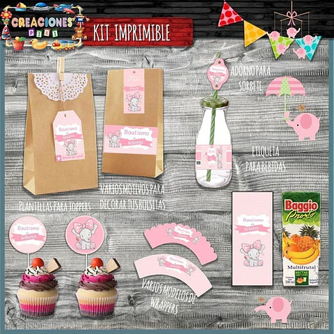 Kit Imprimible Candy Bar Bautismo Elefante Rosa Mas Completo