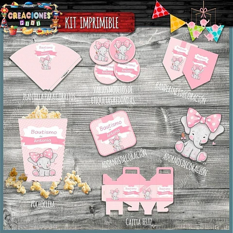 Kit Imprimible Candy Bar Bautismo Elefante Rosa Mas Completo