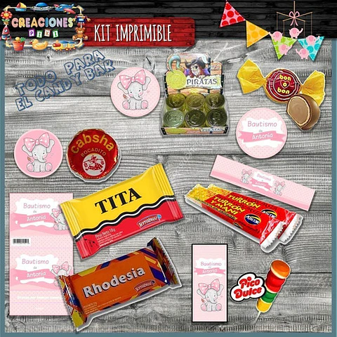 Kit Imprimible Candy Bar Bautismo Elefante Rosa Mas Completo