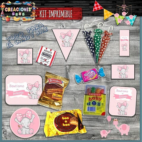 Kit Imprimible Candy Bar Bautismo Elefante Rosa Mas Completo