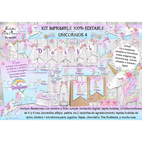 Kit Imprimible Unicornio Unicornios Pastel 4 - 100% Editable