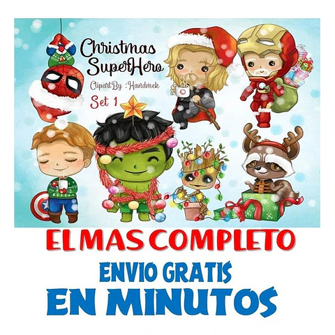 Pack Imagenes Clipart Super Heroes De Navidad S1 + Regalo A1