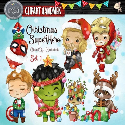 Pack Imagenes Clipart Super Heroes De Navidad S1 + Regalo A1