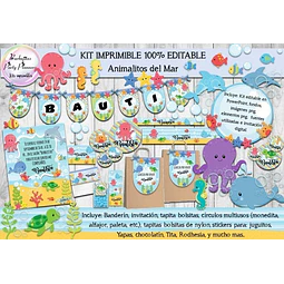 Kit Imprimible Candy Bar Animales De Mar 100% Editable