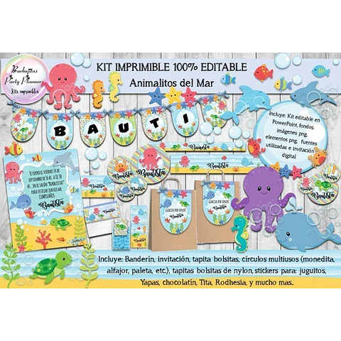 Kit Imprimible Candy Bar Animales De Mar 100% Editable