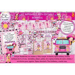 Kit Imprimible Candy Bar Bombera Rosa 100% Editable
