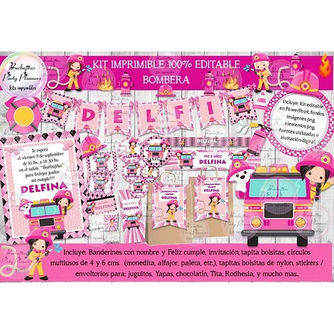 Kit Imprimible Candy Bar Bombera Rosa 100% Editable