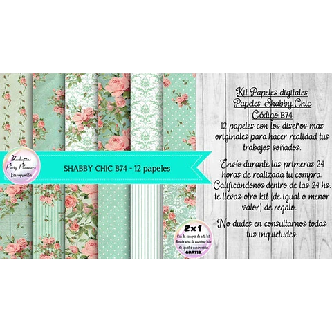 Papeles Digitales Shabby Chic Verde Aguamarino Y Rosa  B74