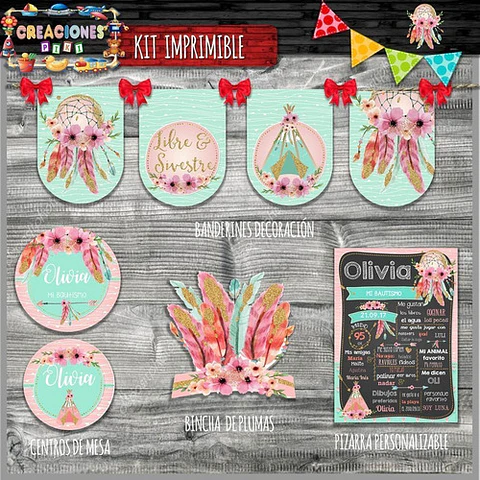 Kit Imprimible Candy Bar Carpa India Teepee Bautismo Full
