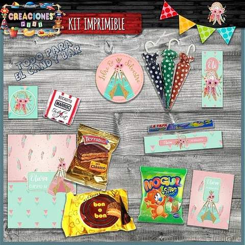 Kit Imprimible Candy Bar Carpa India Teepee Bautismo Full