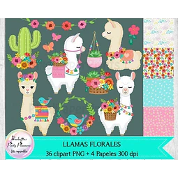 Cliparts Y Papeles Llamas Alpacas Florales Kit Imprimible