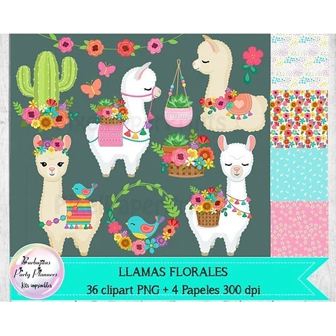 Cliparts Y Papeles Llamas Alpacas Florales Kit Imprimible