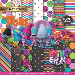 Kit Imprimible Trolls 03 - 15 Clipar 18 Fondos