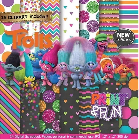 Kit Imprimible Trolls 03 - 15 Clipar 18 Fondos