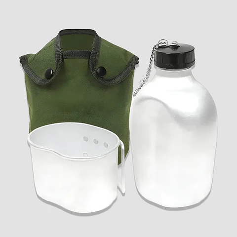Cantimplora Militar Aluminio 946 ml (1L aprox.) con Funda – Set 3 Piezas Verde Olivo