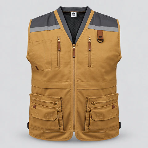 Chaleco Geólogo Quebec de Gabardina Hombre con Reflectante y Múltiples Bolsillos Camel