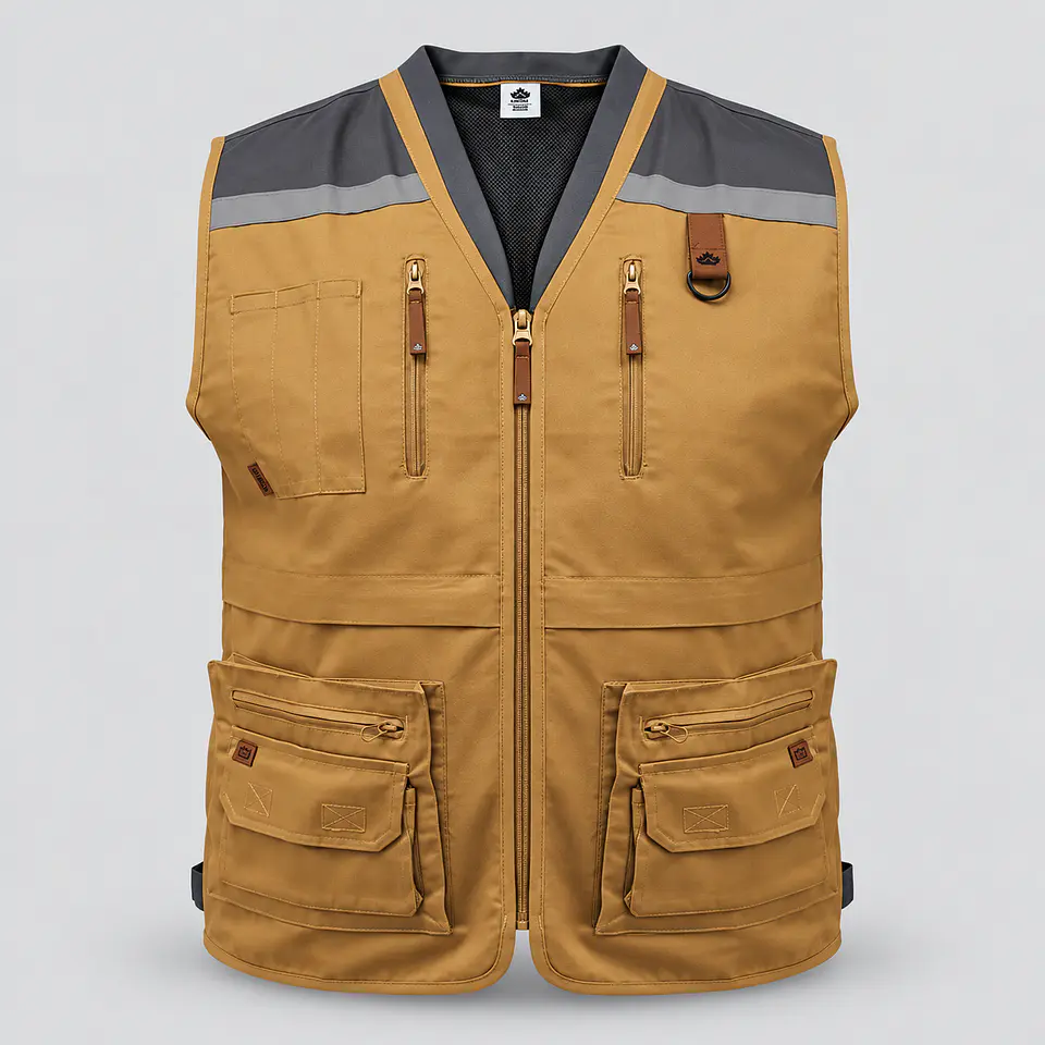 Chaleco Geólogo Quebec de Gabardina Hombre con Reflectante y Múltiples Bolsillos Camel 2