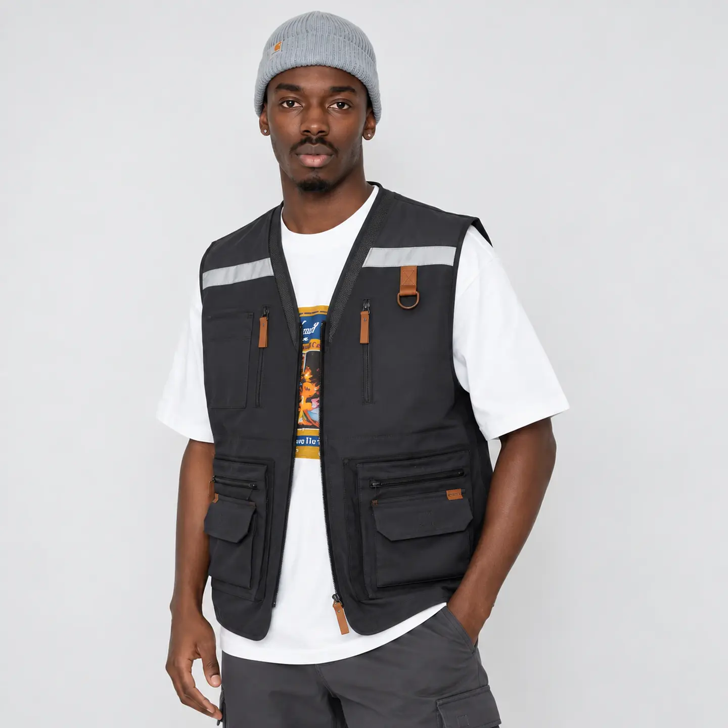 Chaleco Geólogo Quebec de Gabardina Hombre con Reflectante y Múltiples Bolsillos Gris 1
