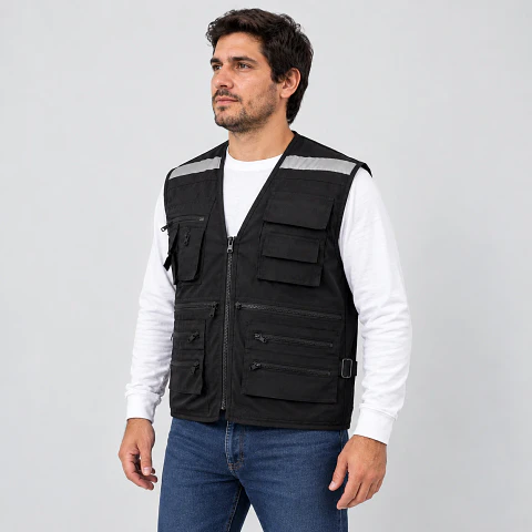 Chaleco Geólogo de Poplin Negro con Cinta Reflectante