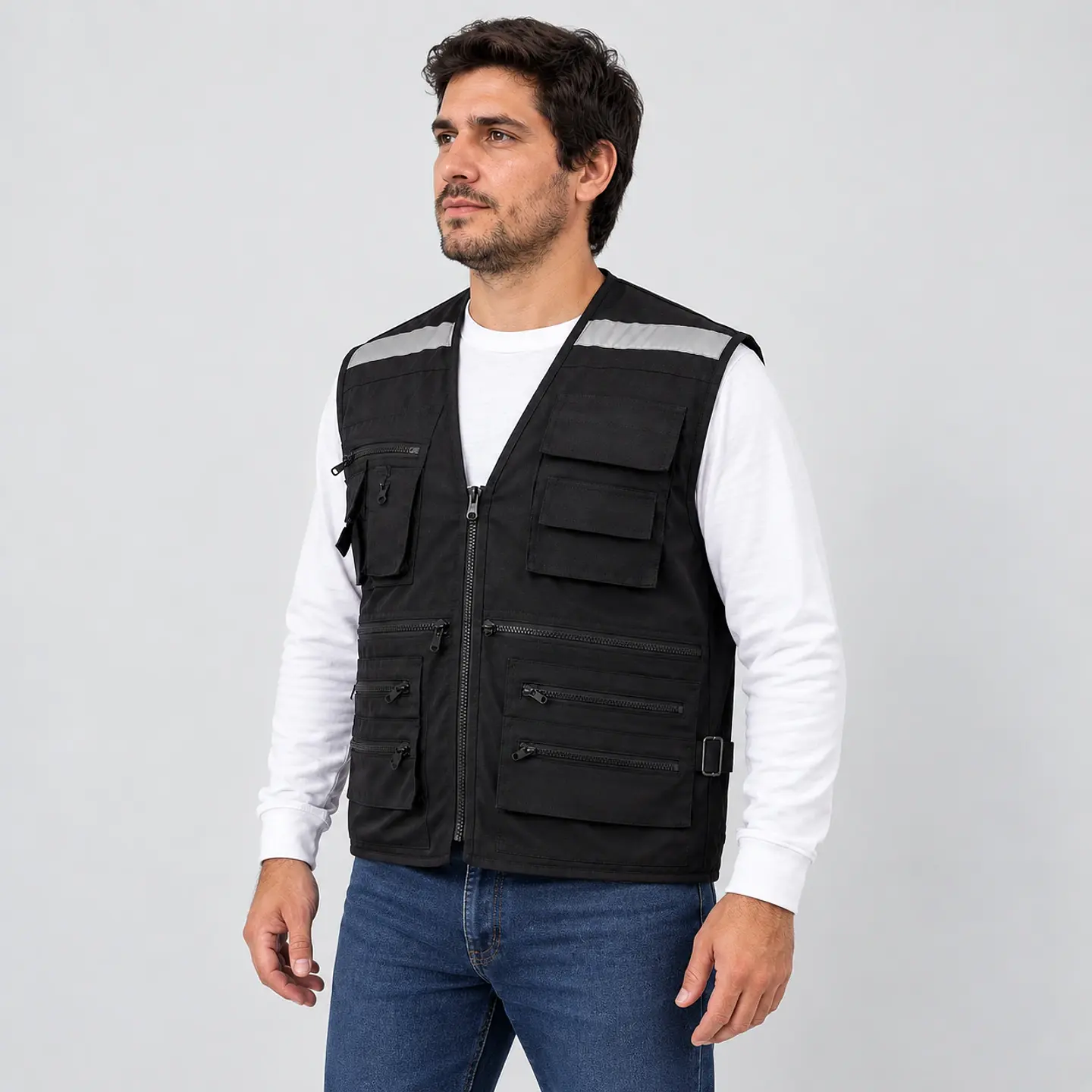 Chaleco Geólogo de Poplin Negro con Cinta Reflectante 1