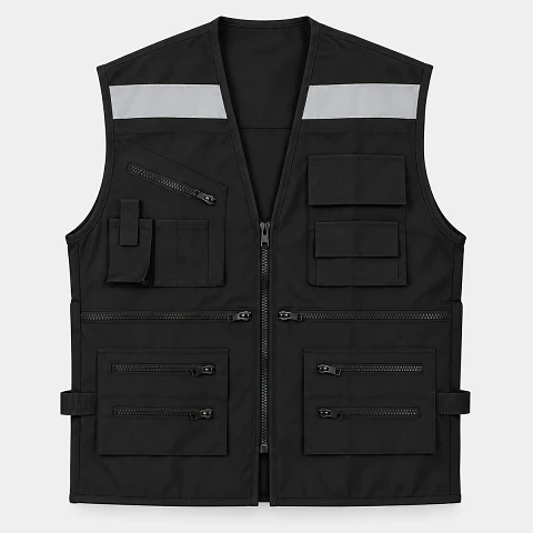 Chaleco Geólogo de Poplin Negro con Cinta Reflectante