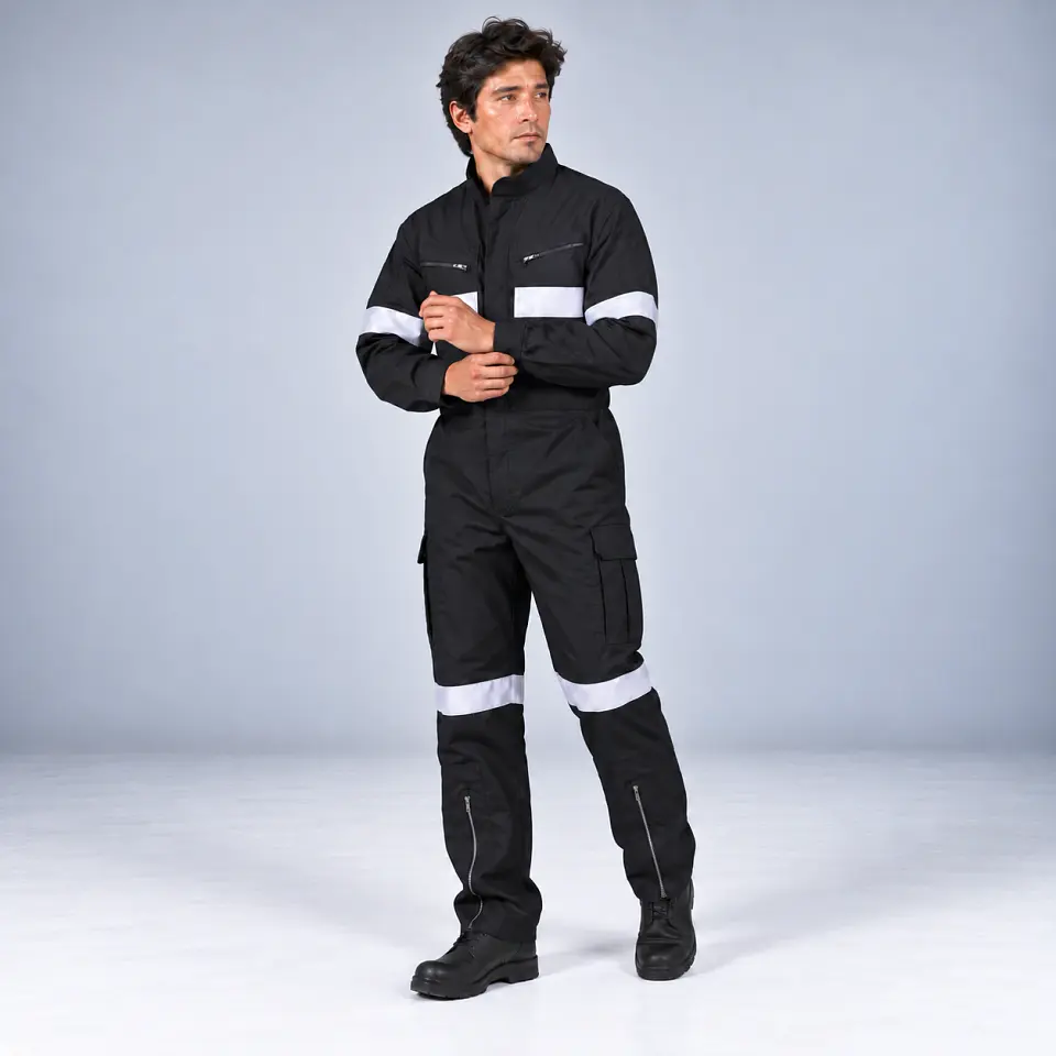 Overol Piloto de Trabajo Poplín Negro con Reflectantes 1