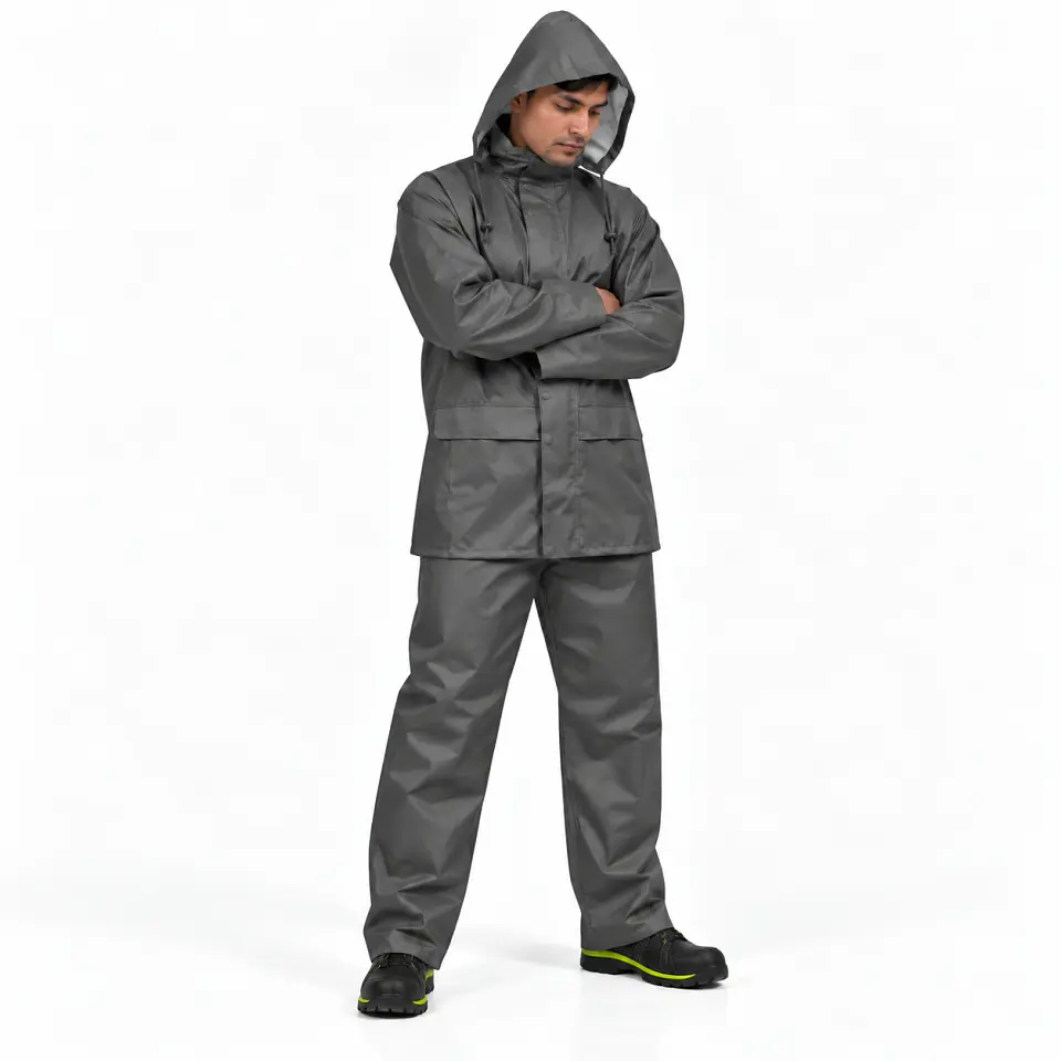 Traje Impermeable Verde Antiácido PU con Capucha Desmontable 1