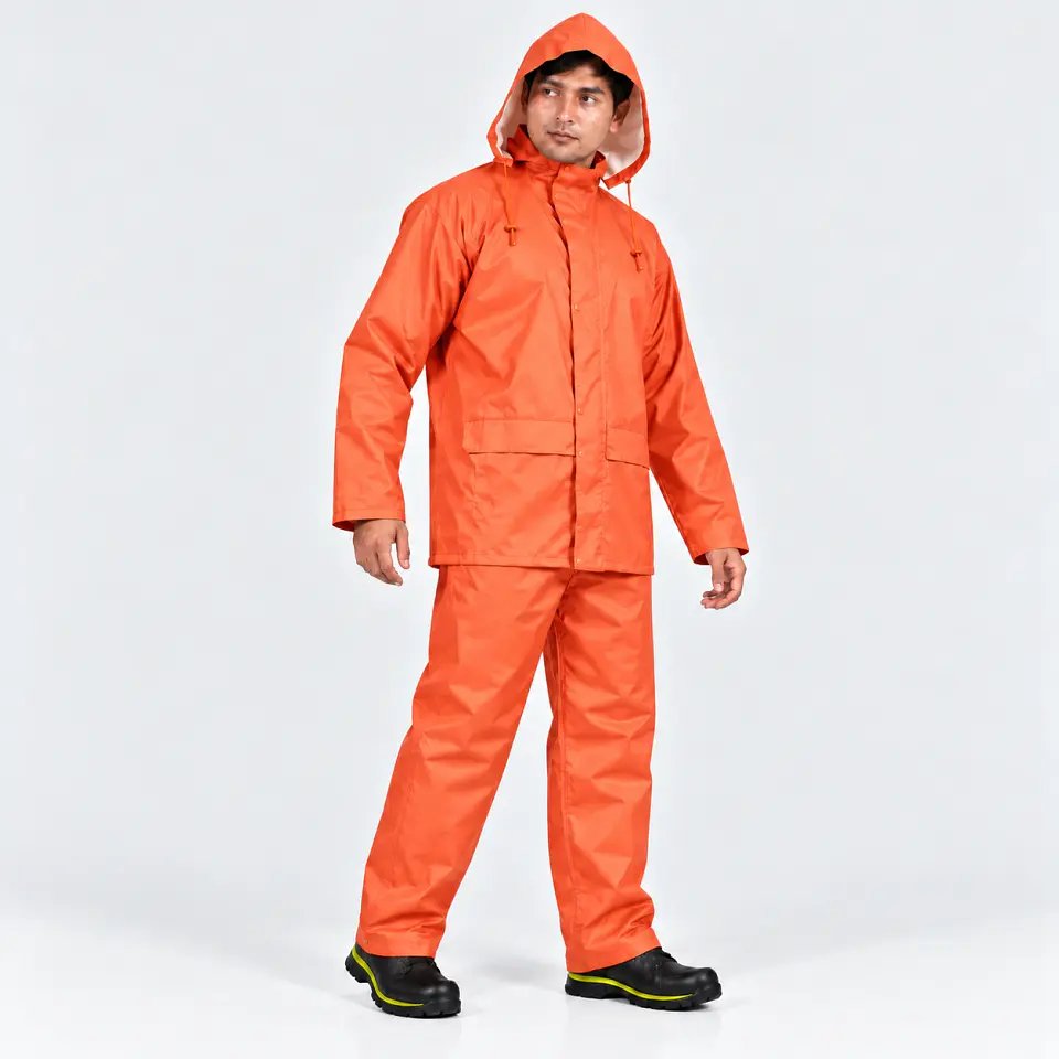 Traje Impermeable Naranjo Antiácido PU con Capucha Desmontable 1