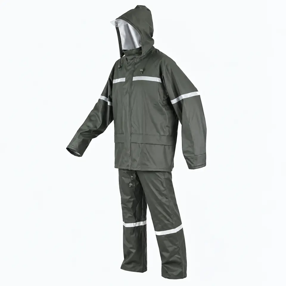 Traje Impermeable Verde Antiácido PU/PVC con Cintas Reflectantes 3