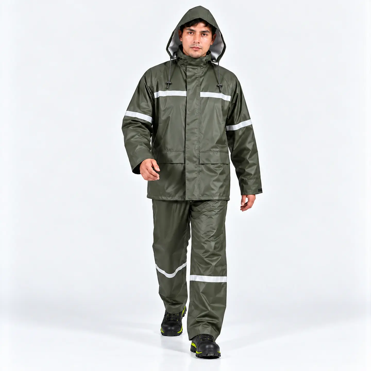 Traje Impermeable Verde Antiácido PU/PVC con Cintas Reflectantes 1