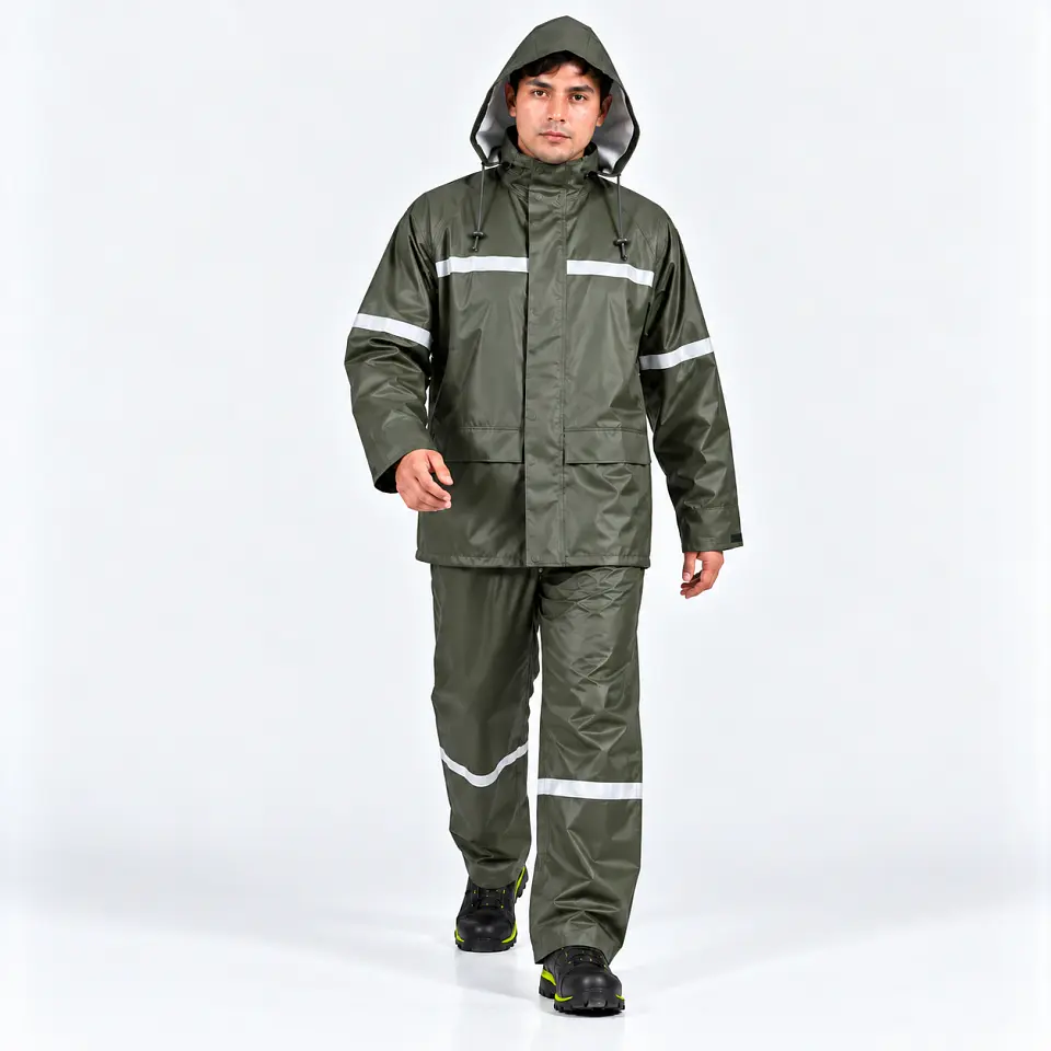 Traje Impermeable Verde Antiácido PU/PVC con Cintas Reflectantes 1