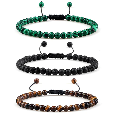 Pulseira Ajustável em Pedra Natural, Olho-de-Tigre, Lava ou Malaquite Chakra Beads Braided Bracelet Charm Jewelry