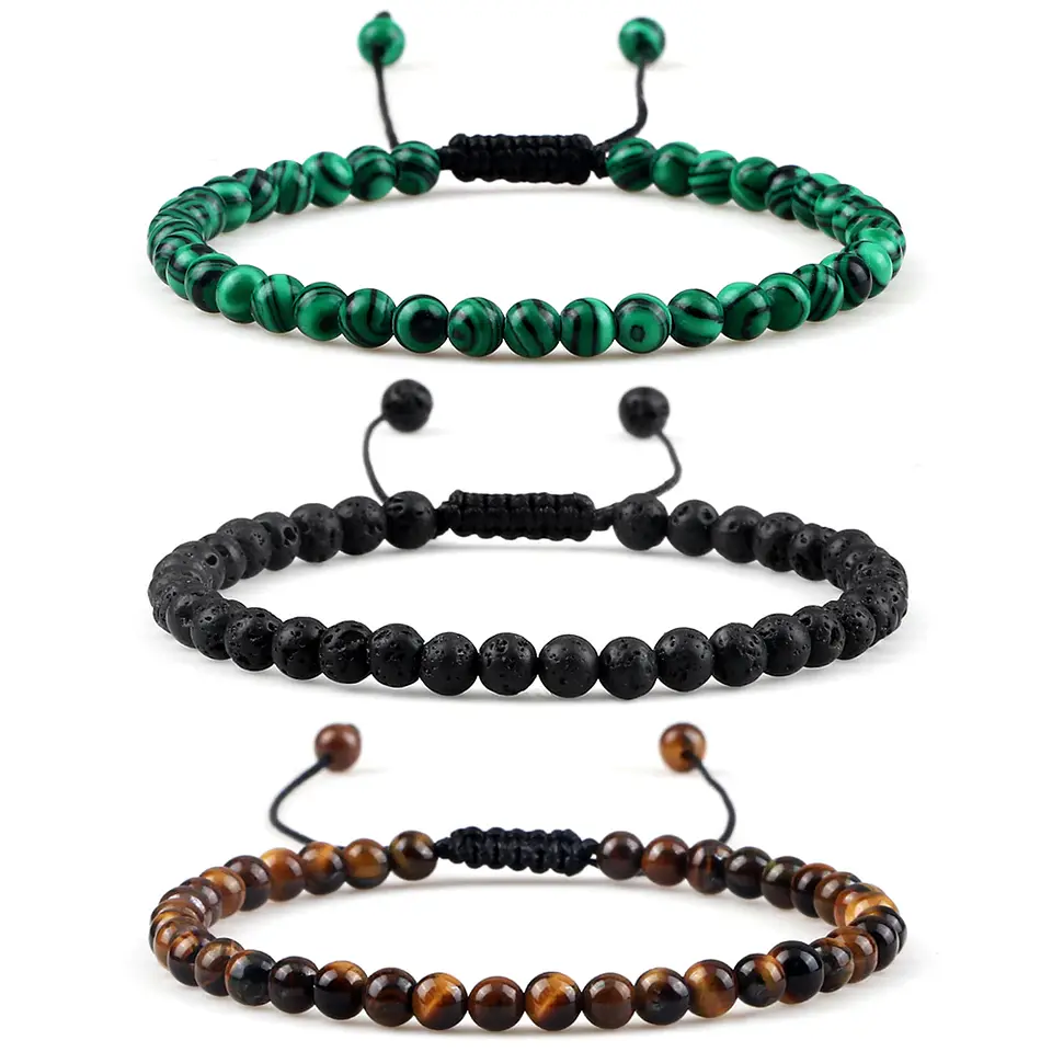 Pulseira Ajustável em Pedra Natural, Olho-de-Tigre, Lava ou Malaquite Chakra Beads Braided Bracelet Charm Jewelry 1
