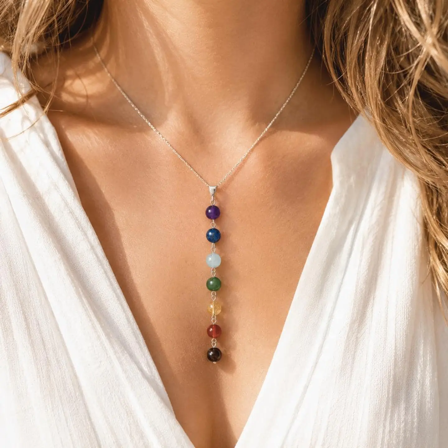 Colar dos 7 Chakras com Pingente de Cristal de Cura, Pedra Energética Reiki, Colar em Y, Joia Boho dos Chakras, Presente Espiritual para Mulheres, 1