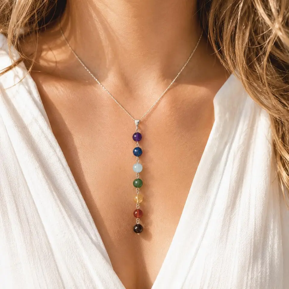 Colar dos 7 Chakras com Pingente de Cristal de Cura, Pedra Energética Reiki, Colar em Y, Joia Boho dos Chakras, Presente Espiritual para Mulheres, 1