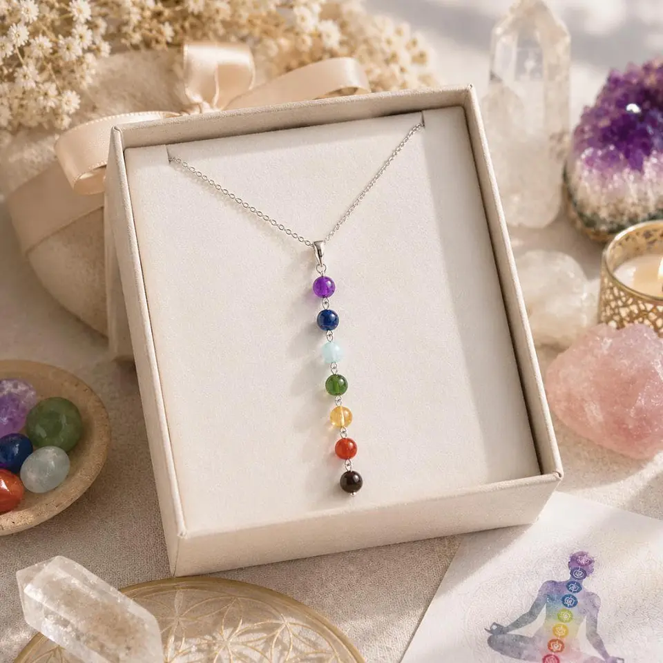 Colar dos 7 Chakras com Pingente de Cristal de Cura, Pedra Energética Reiki, Colar em Y, Joia Boho dos Chakras, Presente Espiritual para Mulheres, 2