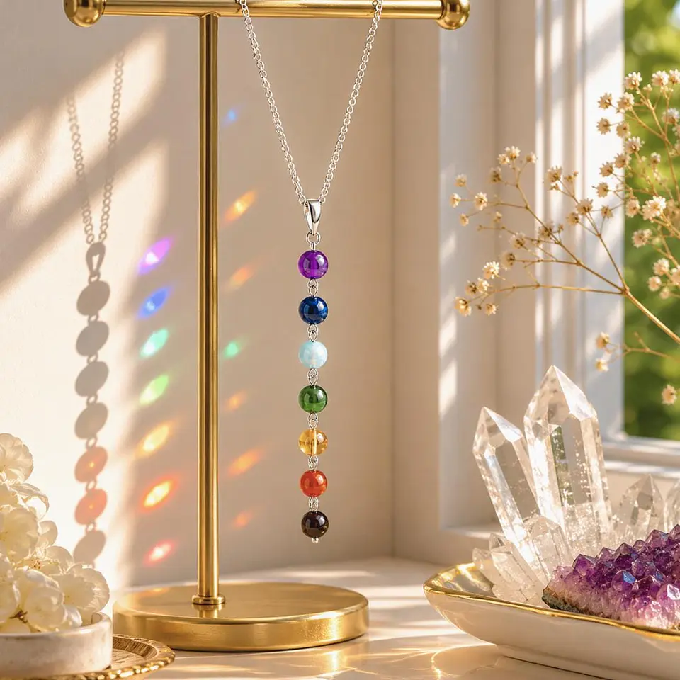 Colar dos 7 Chakras com Pingente de Cristal de Cura, Pedra Energética Reiki, Colar em Y, Joia Boho dos Chakras, Presente Espiritual para Mulheres, 4