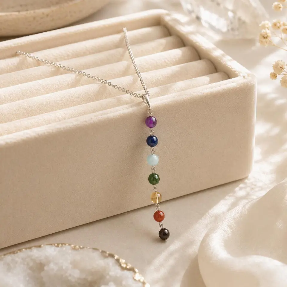 Colar dos 7 Chakras com Pingente de Cristal de Cura, Pedra Energética Reiki, Colar em Y, Joia Boho dos Chakras, Presente Espiritual para Mulheres, 6