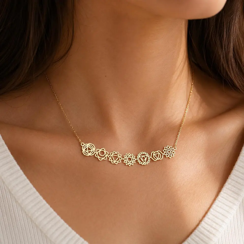 Colar feminino em ouro 14K com os 7 chakras – Talismã de energia Kundalini, joia espiritual de prata para yoga. 1