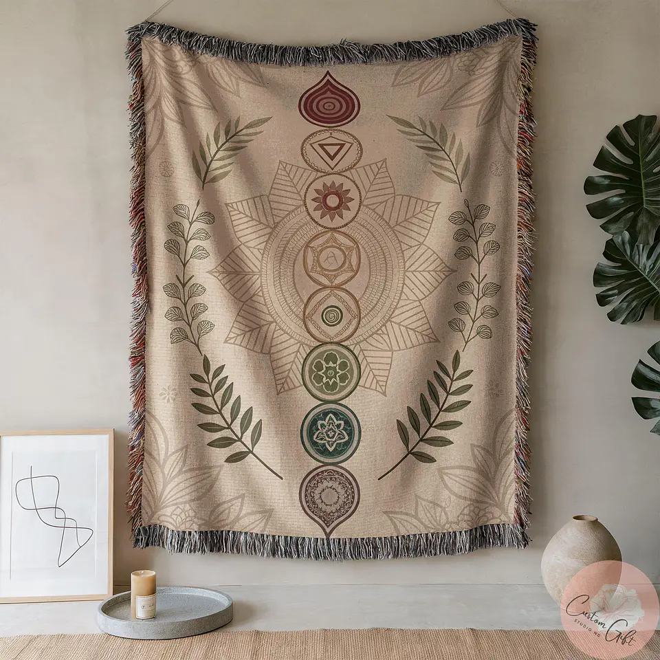 Manta de Inverno Harmonia dos Chakras, Cobertor Aconchegante para Meditação, Decoração Espiritual Relaxante, Acessório Boho para Casa, Presente de 3