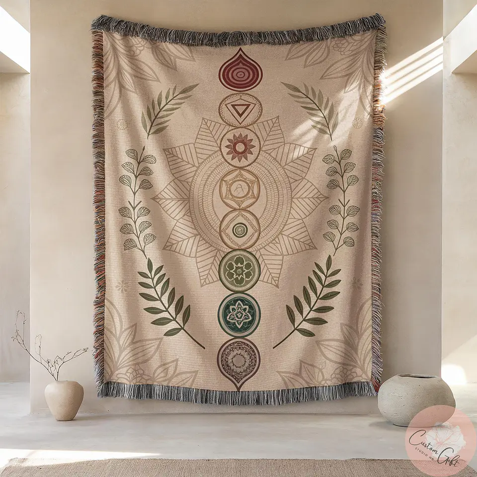Manta de Inverno Harmonia dos Chakras, Cobertor Aconchegante para Meditação, Decoração Espiritual Relaxante, Acessório Boho para Casa, Presente de 4